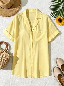 SHEIN Swim 女士简约纯色短袖和服罩衫，夏季海滩装扮，女士沙滩罩衫，长款衬衫，沙滩衬衫 - 淡黃色 - 查看 7
