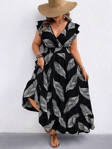 Linhara CURVE Rochie de plajă cu imprimeu floral, stil boem, pentru femei, mărime plus, primăvară/vară, cu mânecă lungă, fără spate, cu mânecă lungă - Negru - Vizualizare 5