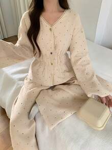 DAZY 2件套甜美波点印花雪纺面料荷叶边女士夏季睡衣套装 - 米色 - 查看 10