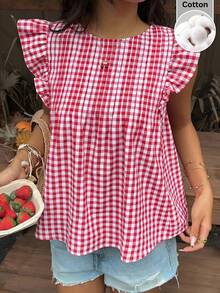 SHEIN EZwear 女士格子圆领褶裥休闲百搭日常衬衫 - 紅白色 - 查看 7