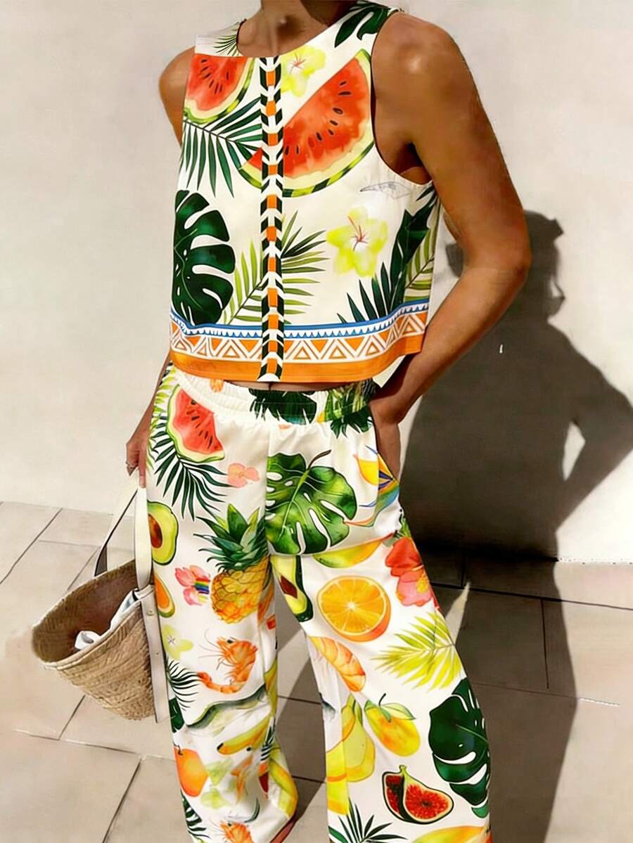 Vaclyn Women's Tropical Plant Print Sleeveless Casual Top - Multicolor - View 1