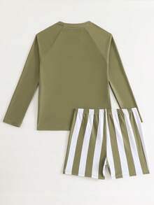 SHEIN Tween Boys 2-Piece Swimwear Set,Olive Green,Summer,Funny,Vacation,Holiday Long Sleeve Rashguard With Palm Tree Print & Striped Swim Trunks,Beach Pool - Dark Green - View 2