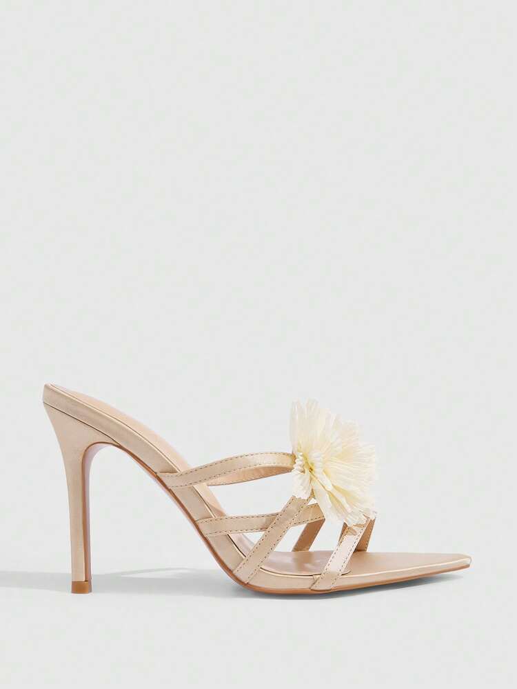 CUCCOO SZL Women Shoes Rice Apricot Satin Satin Color Matching Flower Sweet Sexy Street Fashion Stiletto Pointed Sandals Summer Shoes