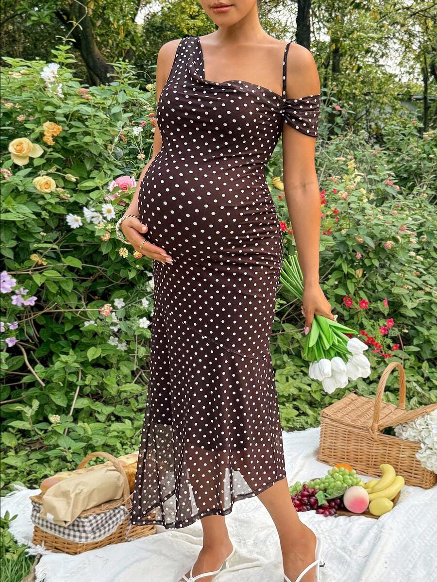 SHEIN 孕妇波点印花不对称领口修身连衣裙 - 棕色 - 查看 1