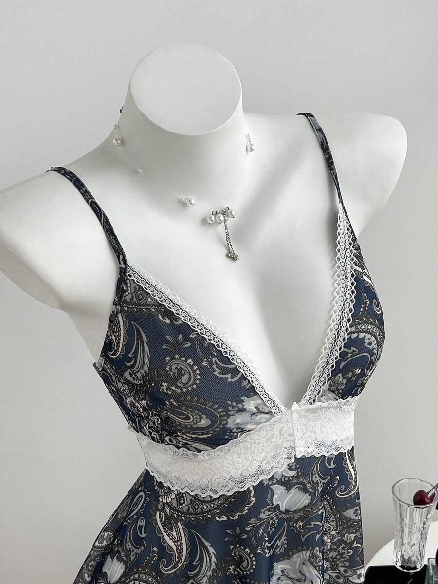 Elamini Đầm nữ, kiểu Perris dành cho kỳ nghỉ, cổ chữ V sâu gợi cảm, phối ren, vạt bất đối xứng. - Màu xanh hải quân - Xem 1