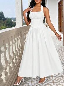 SHEIN Lady 女士时尚度假风褶皱露背系带连衣裙 - 白色 - 查看 6