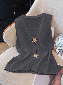 SHEIN Clasi Cárdigan de punto con botones con diseño de estrella de mar en talla grande - Gris - Ver 4