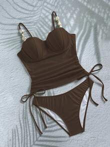 Swim Chiccia Women's Spring & Summer Beach Vacation Solid Color Beaded Spaghetti Strap Ruffled Cup Drawstring Backless Sexy Elegant Retro Style Women's Camisole Bikini Two Pieces Set - Brown - View 3