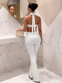 Slaydiva 2025 Summer Fashion: A Versatile, Basic, Casual, And Stylish Two Pieces Set For Summer, School, Everyday Wear, Vacation, Beach, Sunbathing, And Street Style. Features A Halter Neck, Tie-Up, Twisted Bra Cup Top, And Flared Trousers. - A,Vacation Outfits Women - White - View 3