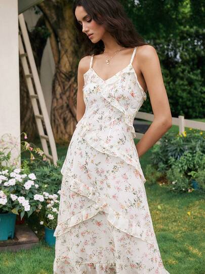 Franclia Women's Mid-Length Ditsy Floral Ruffle Hem Slip Dress, Floral Chiffon Dress, Countryside Style