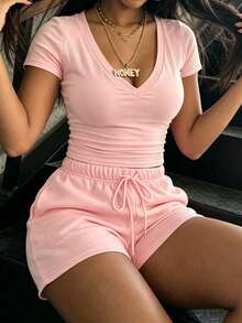 Rovax Women's V-Neck Solid Color Casual Short Sleeve T-Shirt And Shorts 2-Piece Set, Summer - Pink - View 5