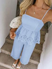 SHEIN LUNE Ensemble 2 pièces Top sans manches et pantalon imprimé tie-dye décontracté pour femmes, convient pour les vacances d'été, les déplacements et le port quotidien - Bleu ciel - Voir 7