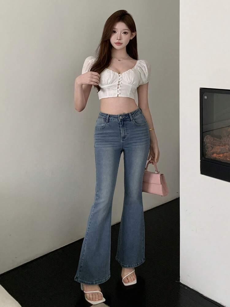 Women's Washed Distressed Korean Style Casual Flared Relaxed Fit Jeans