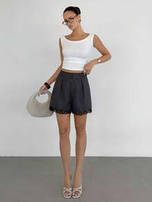 Siren Gaze Damen gestreifte Shorts mit hoher Taille, Kontrastspitze und weitem Bein - Grau - Übersicht 4