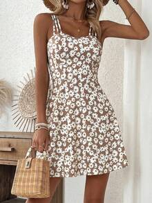 Breezaya Women's Brown And White Cami Dress Holiday Beach Holiday Vacation Outfit Summer Cottage Core - Khaki - View 5