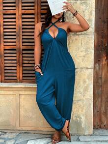 Breezaya Bộ jumpsuit cỡ lớn, chất liệu vải dệt họa tiết, cổ chữ V, có túi, dây rút, thích hợp mặc ở nhà, đi chơi và đi nghỉ mát. - Màu xanh Bạc hà - Xem 6