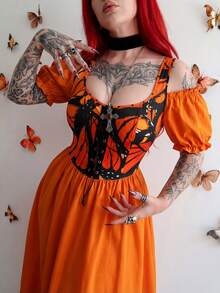 Whyspr Plus Size Punk Style Orange Patchwork Off-Shoulder Petal Sleeve Mini Dress, Spring/Summer - Orange - View 5