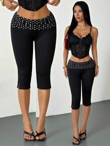 SHEIN PETITE 女士休闲波点印花七分紧身裤 - 黑色 - 查看 3