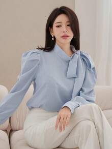 DAZY Women's Elegant Striped Petal Sleeve Tie Collar Blouse, Spring Summer - Blue - View 9