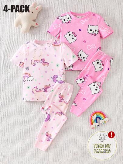 4pcs/Set Young Girl' Knit Round Neck Short Sleeve Pants, Casual Comfortable Cute Unicorn & Cat Allover Print Snug Fit Pajama Set, Summer
