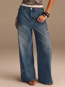 Athîral Jeans de pierna ancha con bordado de estrella y adornos de strass para mujer, estilo casual de vacaciones - Azul lavado medio - Ver 4