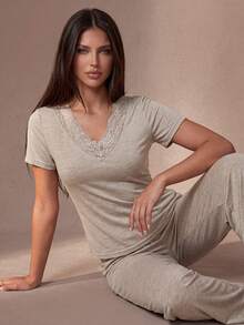 Lazeform Women's Solid Color Lace Patchwork V-Neck Short Sleeve Pajama Set - Khaki - View 1