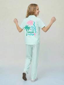 SHEIN Casuvi Kids Tween Girls Casual Striped Shirt & Pants T-Shirt Set, Suitable For Vacation, Outing, School, Ins Style Baby Blue Baggy - Green - View 10