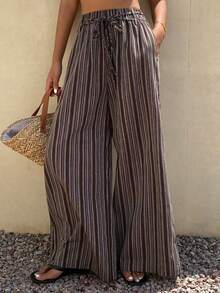 DAZY 女士系带腰条纹阔腿宽松休闲裤 - 咖啡棕 - 查看 6