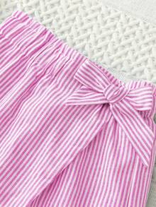 SHEIN Tween Girls' Beach Party Bow Striped Culottes - Pink - View 4