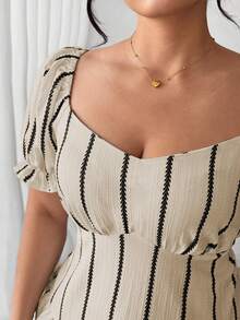 Elenzga Plus Size Women's Elegant Contrast Striped Petal Sleeve Ruffle Hem Blouse, Summer - Khaki - View 4