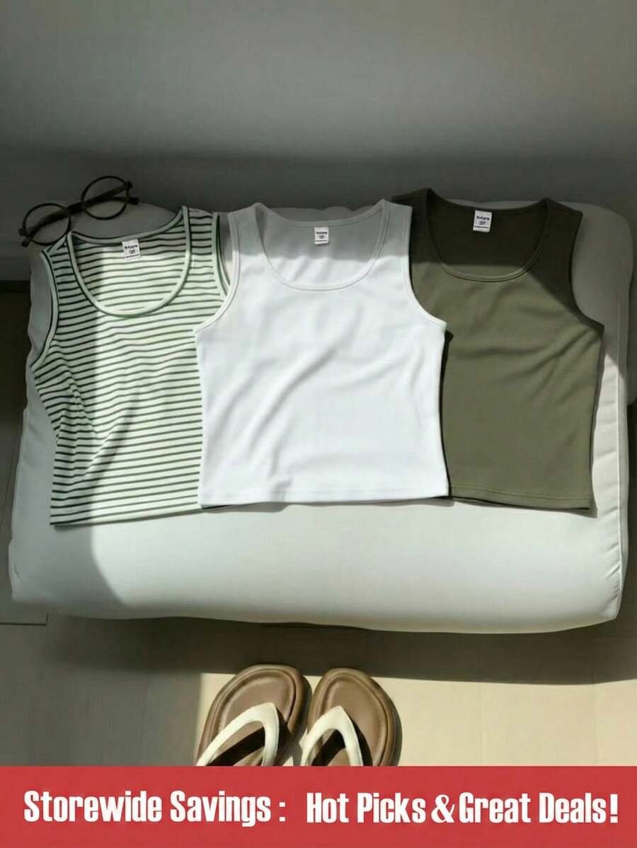 SHEIN Bộ 3 áo ba lỗ sọc đen trắng đơn giản mùa hè cho bé gái tuổi mới lớn - Nhiều màu - Xem 1