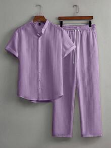 Manfinity Homme Men's Summer Solid Color Short Sleeve Single-Breasted Shirt And Pants Casual Suit, Men's Versatile Set, Heavyweight Casual Commuting Chinese Style Stand Up Collar Imitation Hemp Bamboo Knot Short Sleeved Shirt And Casual Elastic Loose Drawstring Pants, Cozy Outfits - Purple - View 1