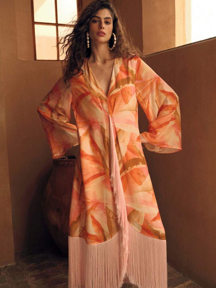 WOMEN'S LINEN PRINTED TASSEL ROBE, VACATION WEAR
