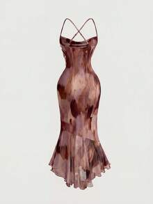 SHEIN MOD Robe moulante asymétrique à col croisé avec imprimé dégradé pour femmes - Tabac - Voir 4