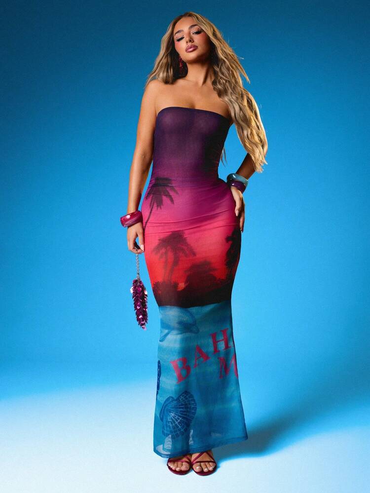 MISSGUIDED Vestido maxi sin tirantes con degradado tropical de puesta de sol, tela de malla, estampado de palmeras y gráficos de la playa de Miami