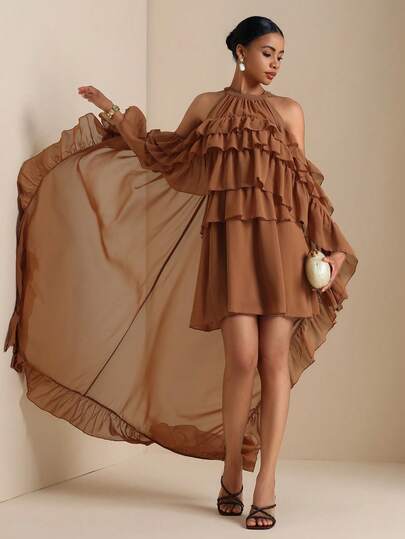 Vesra Đầm poncho nhiều lớp xếp nếp bằng chiffon dành cho nữ, thích hợp cho kỳ nghỉ hè ở bãi biển.