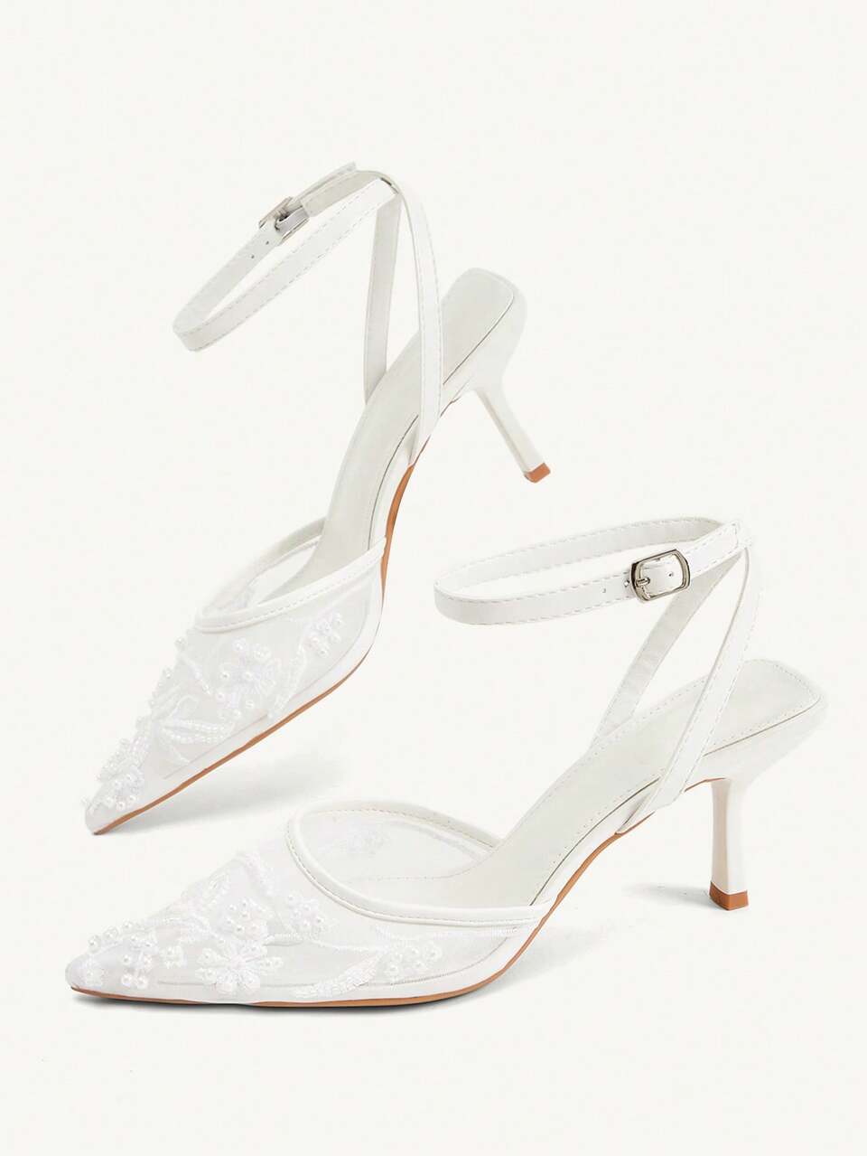 CUCCOO CHICEST Women Shoes White Pearl Embroidery Mesh Breathable Sexy Elegant Party Banquet Ankle Strap Stiletto Women's Shoes Pointed Toe Slingback Women's Shoes Fall Shoes