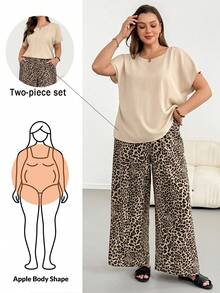 Shapeblank Bộ đồ nữ cỡ lớn thời trang xuân/hè, dáng rộng thoải mái, thoáng mát, đa năng, tôn dáng, gồm áo tay ngắn màu mơ và quần ống rộng họa tiết da báo, thích hợp mặc đi nghỉ mát. - Nhiều màu - Xem 1