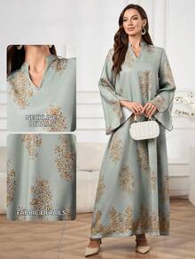 Al Najma 女士优雅印花长袖阿拉伯风格连衣裙 - 彩色 - 查看 7