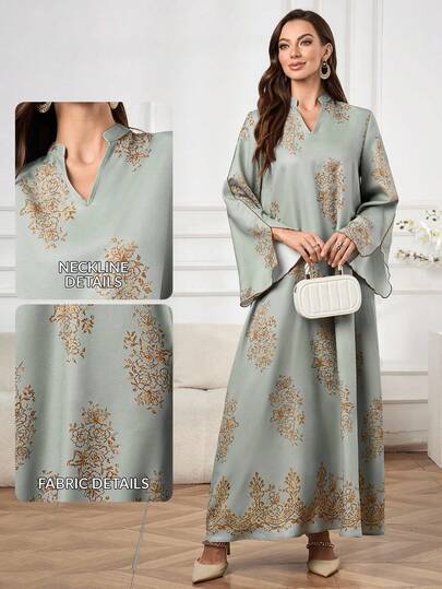 Al Najma 女士优雅印花长袖阿拉伯风格连衣裙