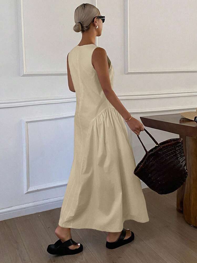 Solid Color Crew Neck Sleeveless Split Casual Dress For Women, Autumn