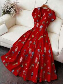 Rometta Vestido de manga corta con cuello en V y estampado floral diminuto en estilo vintage francés para mujer de talla grande - Rojo - Ver 8