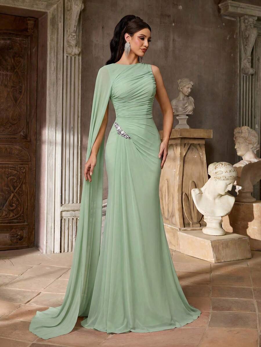 Aureia Sage Green,Summer,Elegant,Formal,Formal,Wedding Mesh Round Neck One Shoulder Cape Sleeve Rhinestone Decor Side Drape Fishtail Bridesmaid Evening Gowns - Mint Green - View 1