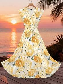 Franclia Đầm đi nghỉ mát nữ in hoa, cổ chữ V xếp lớp, tay ngắn. - Nhiều màu - Xem 3