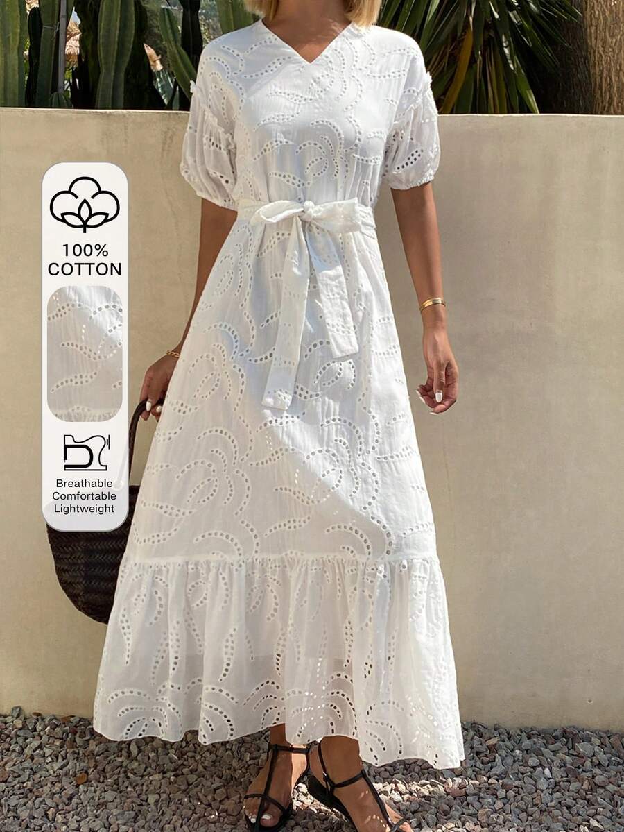 DAZY Robe blanche mi-longue décontractée et ample, style vacances. Robes d'été et de printemps pour femmes - Pearl White - Voir 1