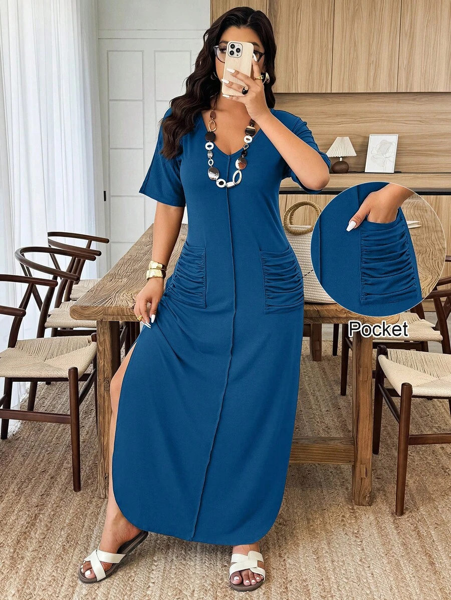 Weeklong Plus Size Women V-Neck Striped Dual Pocket Ruched Slit Hem Casual Knit Dress, Spring/Summer - Teal Blue - View 1