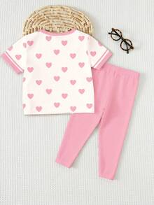 SHEIN 2pcs/Set Retro Sweet Girl Heart Print Light Pink T-Shirt And Leggings,Summer School Sports Casual Loose Outfit,Stripe Round Neck Short Sleeve Set - Multicolor - View 2