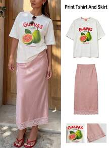 MainGRL Women's Summer Casual White Fruit Print Loose T-Shirt And Pink Satin Lace Patchwork Skirt 2-Piece Set, Vacation Holiday Outfits For Women - White - View 1