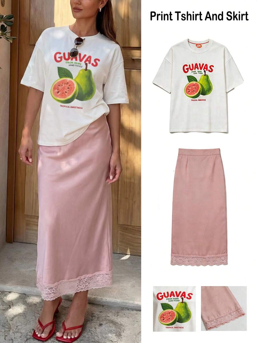 MainGRL Women's Summer Casual White Fruit Print Loose T-Shirt And Pink Satin Lace Patchwork Skirt 2-Piece Set, Vacation Holiday Outfits For Women - White - View 1