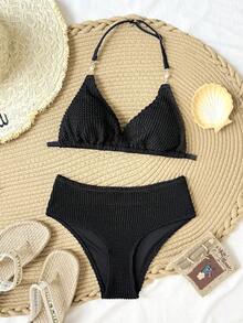 SHEIN Tween Girls Tankinis Knit Jacquard Textured Fabric With Metal Decorative Buckles, Solid Color Adjustable Spaghetti Strap Bikini Set, Includes Top And Bikini Bottoms, Suitable For Summer Beach Vacation.Tween Girl - Black - View 1